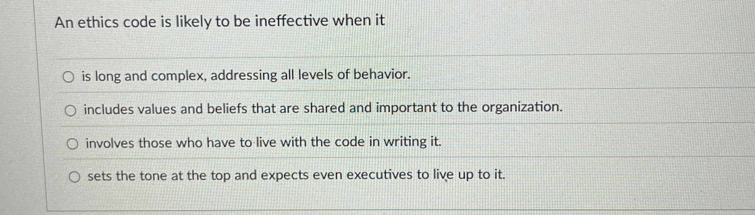 Solved An ethics code is likely to be ineffective when itis | Chegg.com