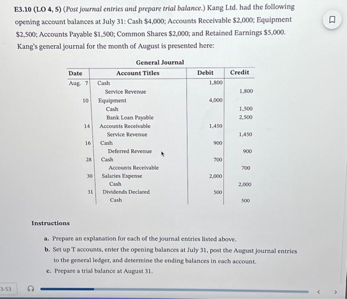 Solved E3.10 ( LO44 ) (Post journal entries and prepare | Chegg.com