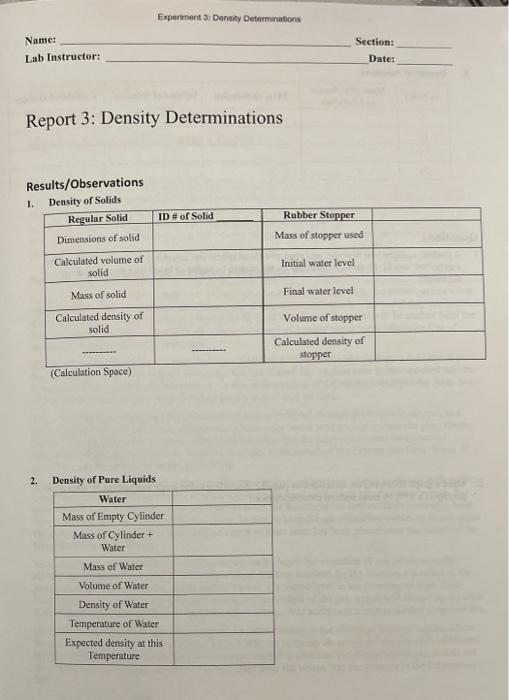 Solved Experiment 3 Density Determinations Objective Density | Chegg.com