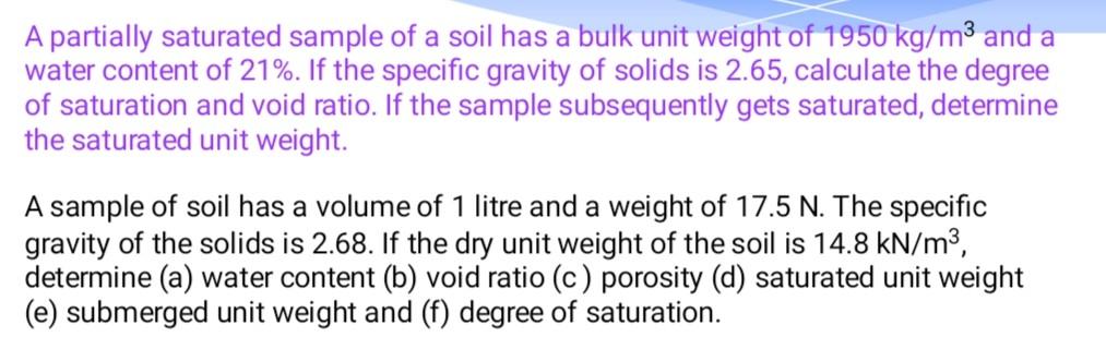 Solved A partially saturated sample of a soil has a bulk | Chegg.com