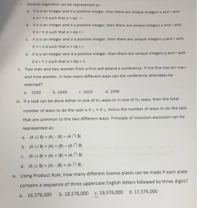 Solved 1. Division Algorithm can be represented as; a. If a | Chegg.com