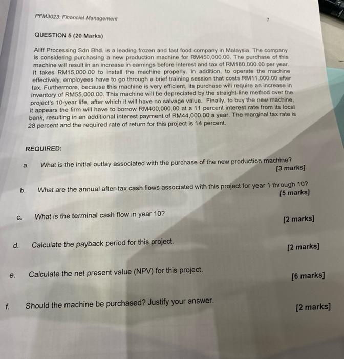 Solved PFM3023: Financial Management QUESTION 5 (20 Marks) | Chegg.com