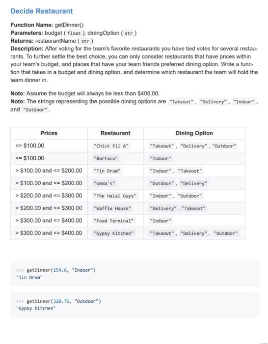 Solved Decide Restaurant Function Name: getDinner() | Chegg.com