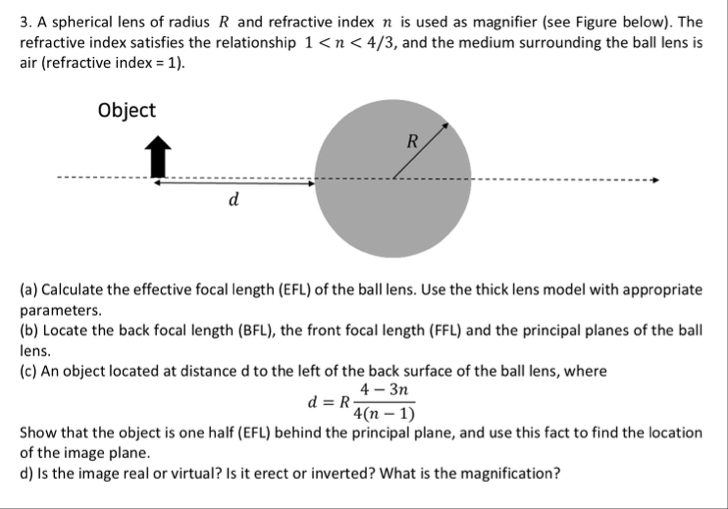 A spherical lens of radius R ﻿and refractive index n | Chegg.com