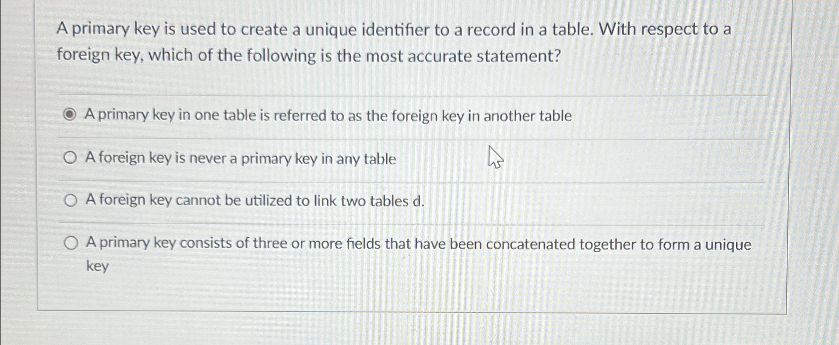 Solved A Primary Key Is Used To Create A Unique Identifier | Chegg.com