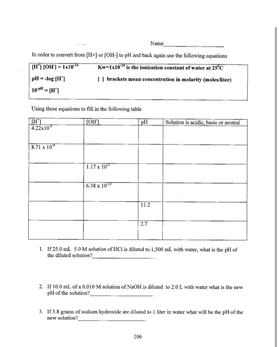 Solved Worksheet 13: pH The pH scale Acidity is measured on | Chegg.com