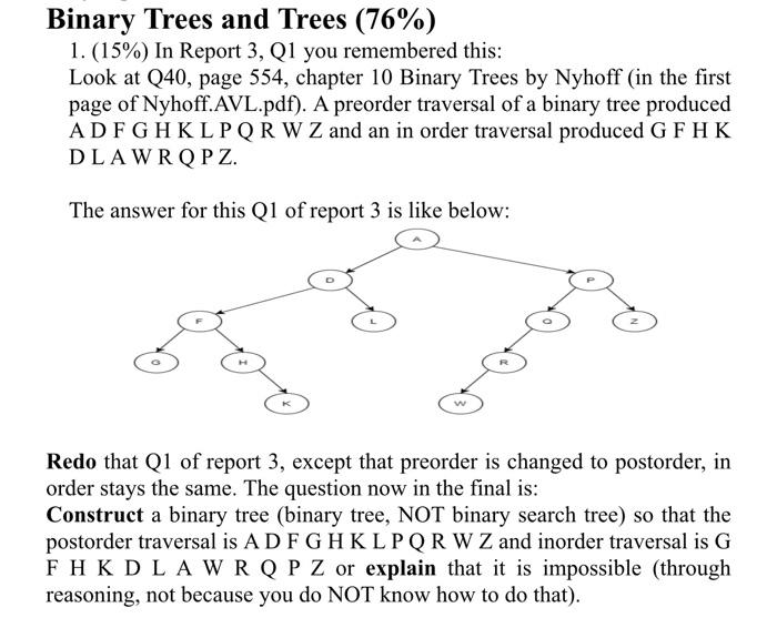 Binary Trees and Trees (76%) 1. (15\%) In Report 3, | Chegg.com