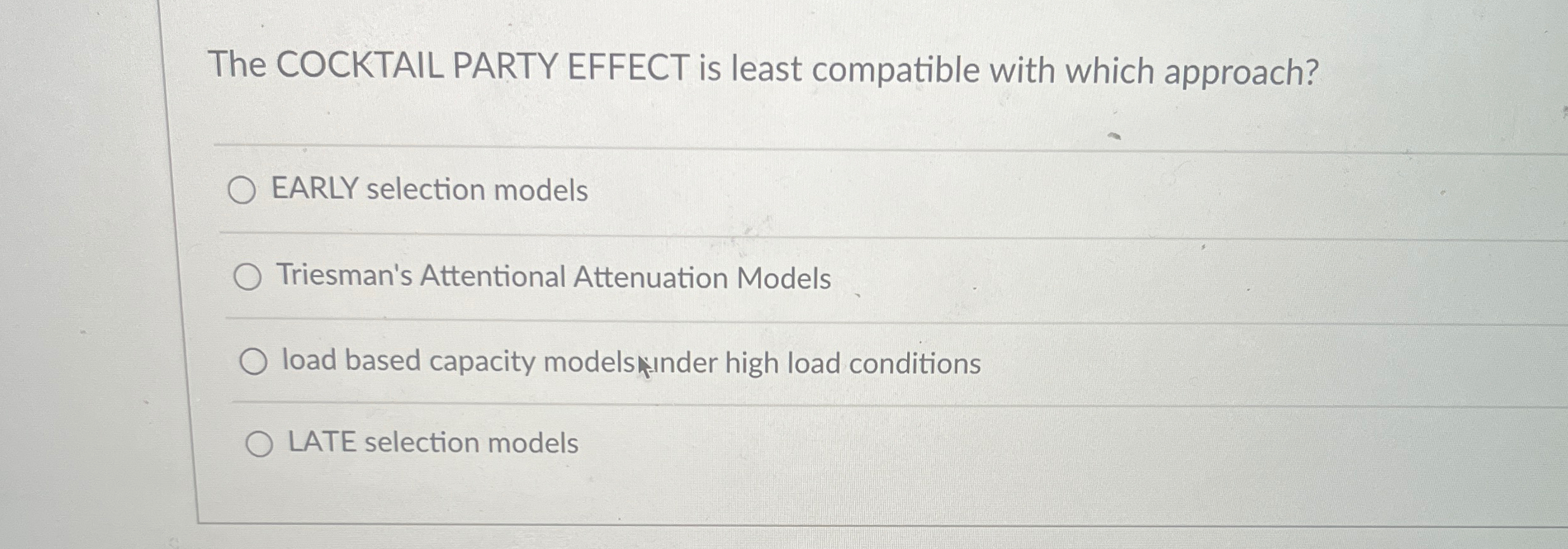 Solved The COCKTAIL PARTY EFFECT is least compatible with | Chegg.com