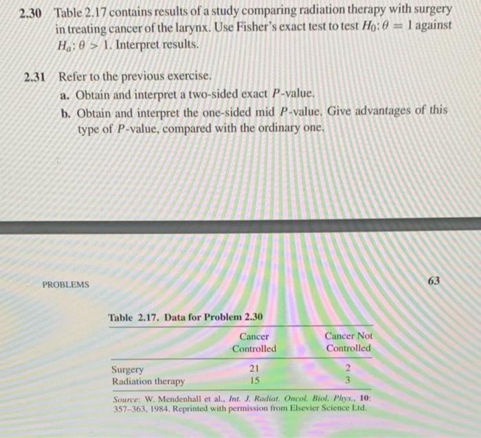 Solved 2.30 Table 2.17 contains results of a study comparing | Chegg.com