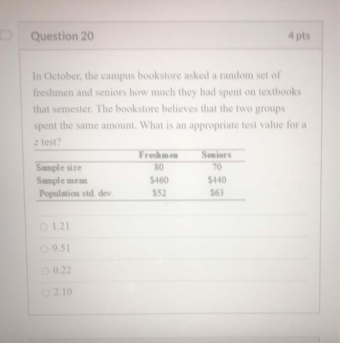 Solved D Question 20 4 pts In October, the campus bookstore | Chegg.com
