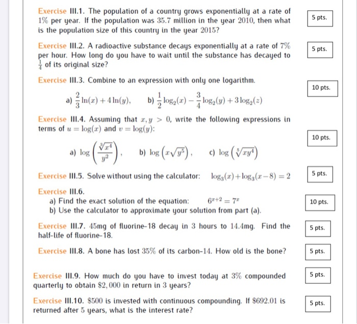 Solved Exercise III.1. The population of a country grows | Chegg.com