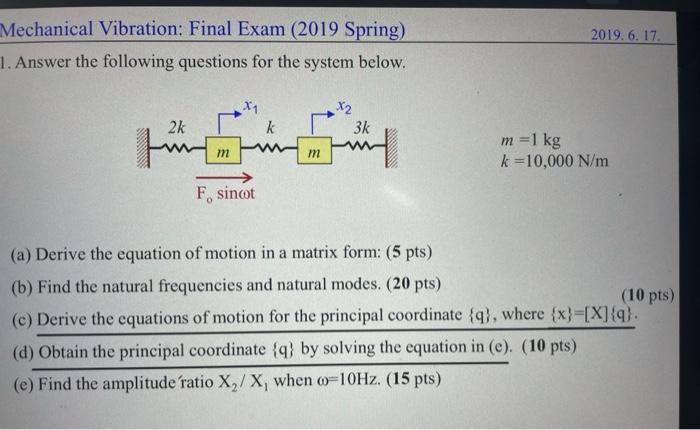 Solved Mechanical Vibration: Final Exam (2019 Spring) 1. | Chegg.com