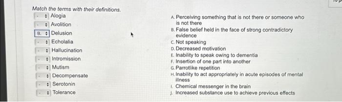 Solved Match the terms with their definitions. Alogia | Chegg.com