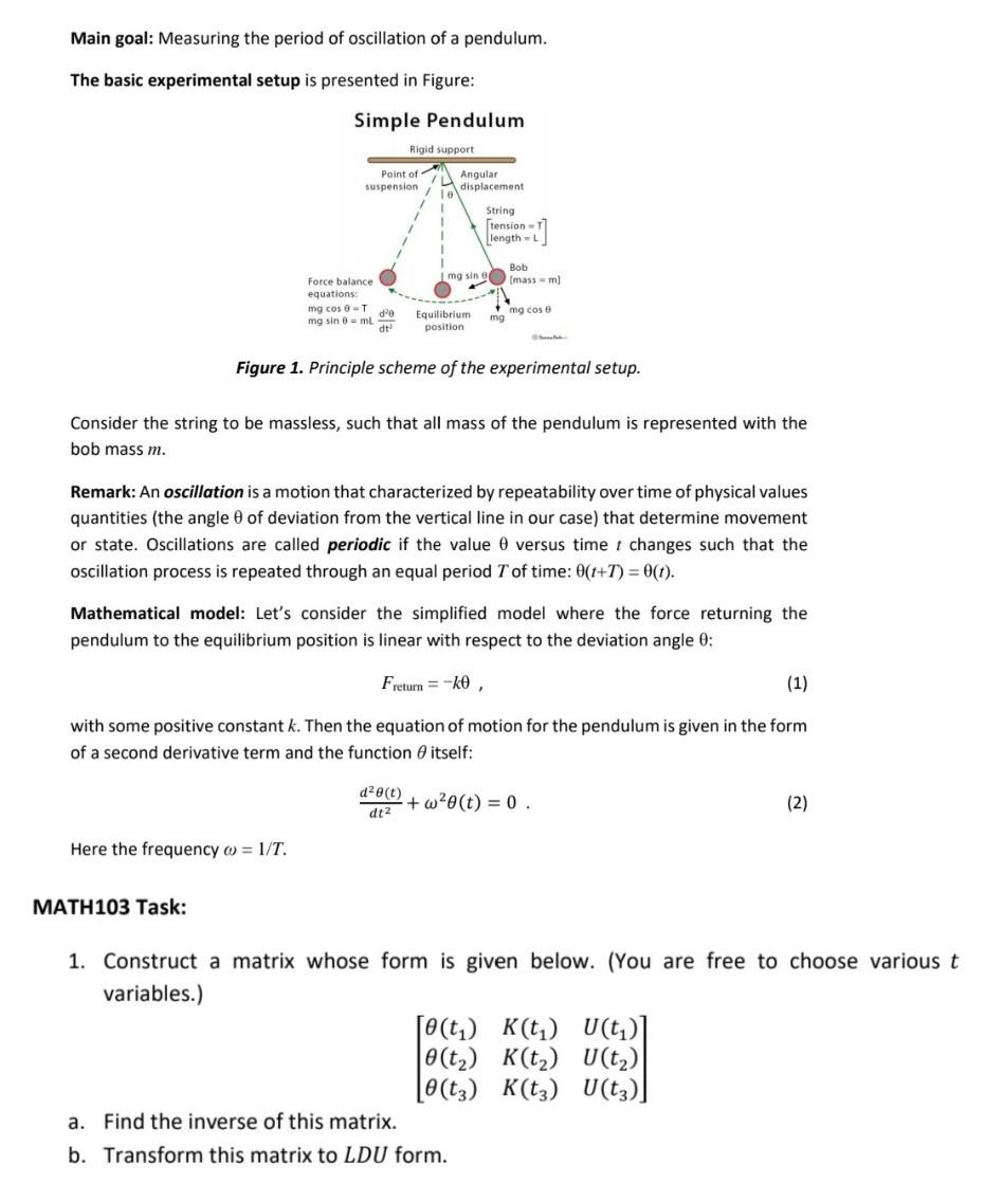 Solved Main goal: Measuring the period of oscillation of a | Chegg.com