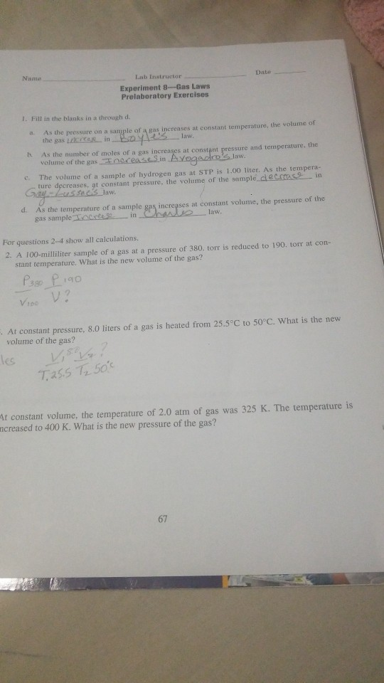 Solved Date ine Name Lab Instructor Experiment 8Gas Laws