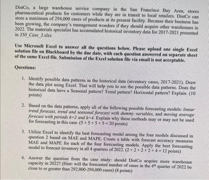 Solved DistCo, a large warehouse service company in the San | Chegg.com