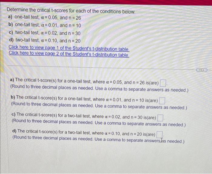 Solved Determine the critical t-scores for each of the | Chegg.com