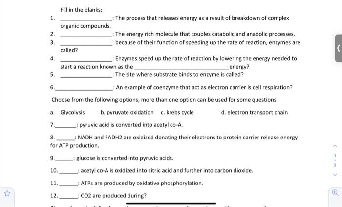 Solved 1. Fill in the blanks: The process that releases | Chegg.com