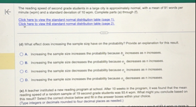 Solved The reading speed of second grade students in a large | Chegg.com