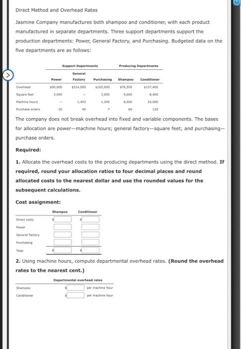 Solved Direct Method and Overhead Rates Jasmine Company | Chegg.com
