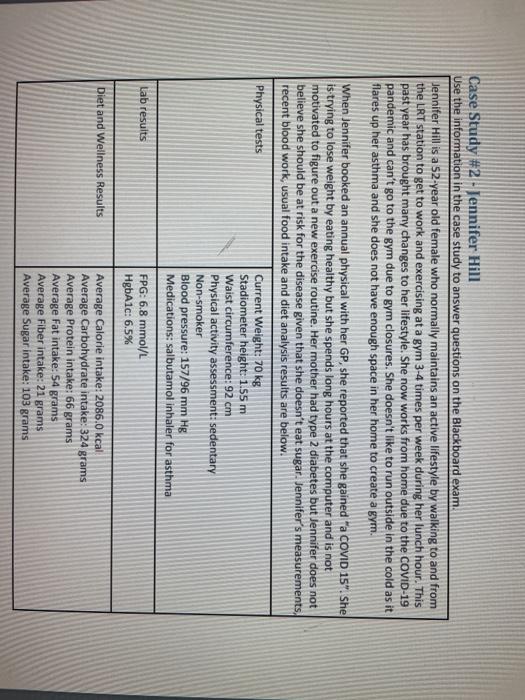 Case Study #2 - Jennifer Hill Use the information in the case study to answer questions on the Blackboard exam. Jennifer Hill