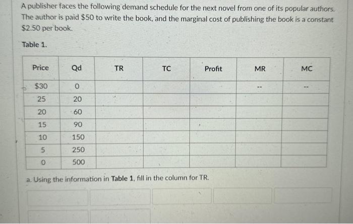 Solved d. Using the information in Table 1, fill in the | Chegg.com