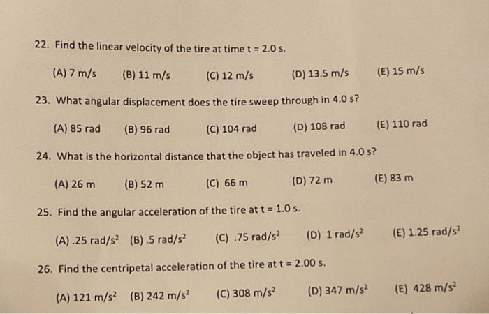 22. Find the linear velocity of the tire at time | Chegg.com