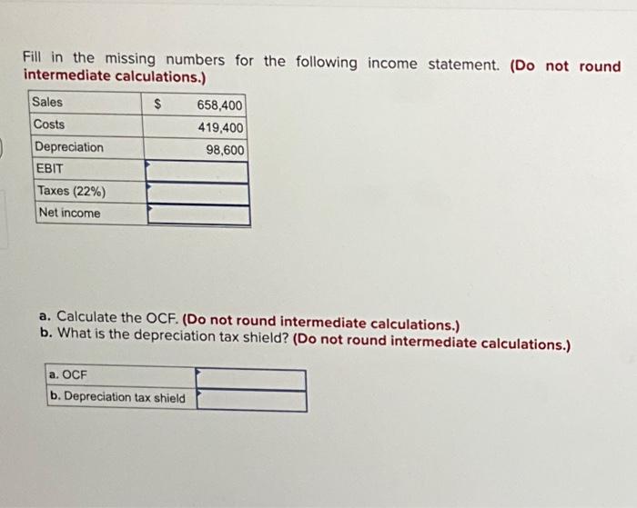 Solved Fill In The Missing Numbers For The Following Income | Chegg.com