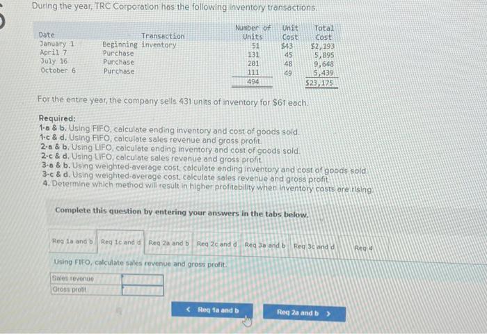 Solved During The Year, TRC Corporation Has The Following | Chegg.com