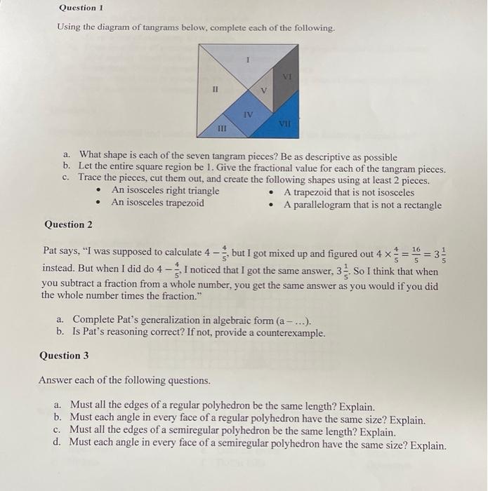 Solved Using the diagram of tangrams below, complete each of | Chegg.com