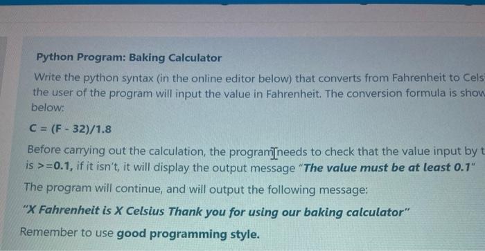 Solved Python Program: Baking Calculator Write the python | Chegg.com