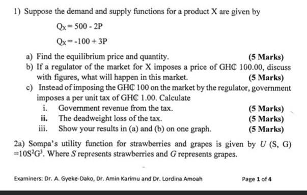 Solved 1) Suppose the demand and supply functions for a | Chegg.com