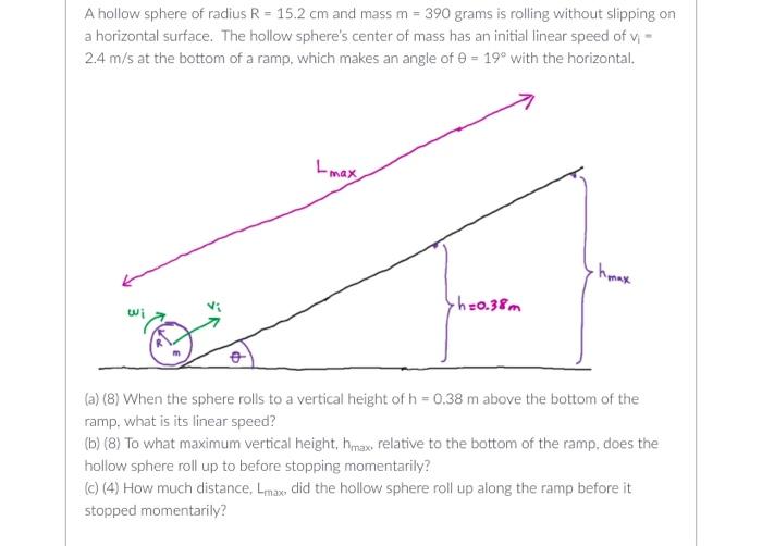 [Solved] A hollow sphere of radius R = 15.2 cm and mass m