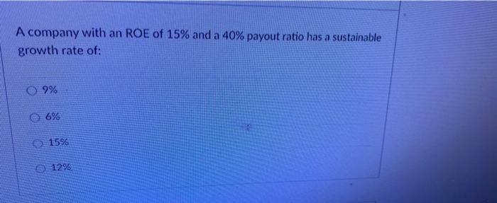 Solved A company with an ROE of 15% and a 40% payout ratio | Chegg.com