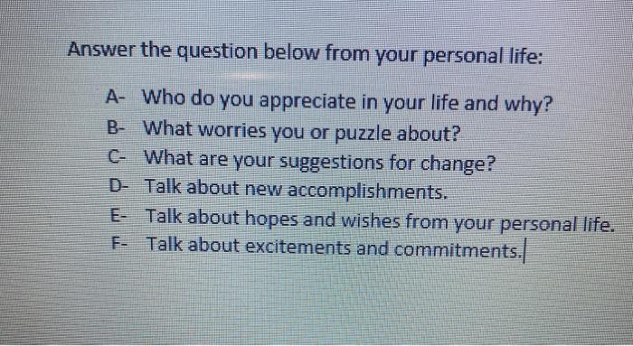 Solved Answer the question below from your personal life: A- | Chegg.com