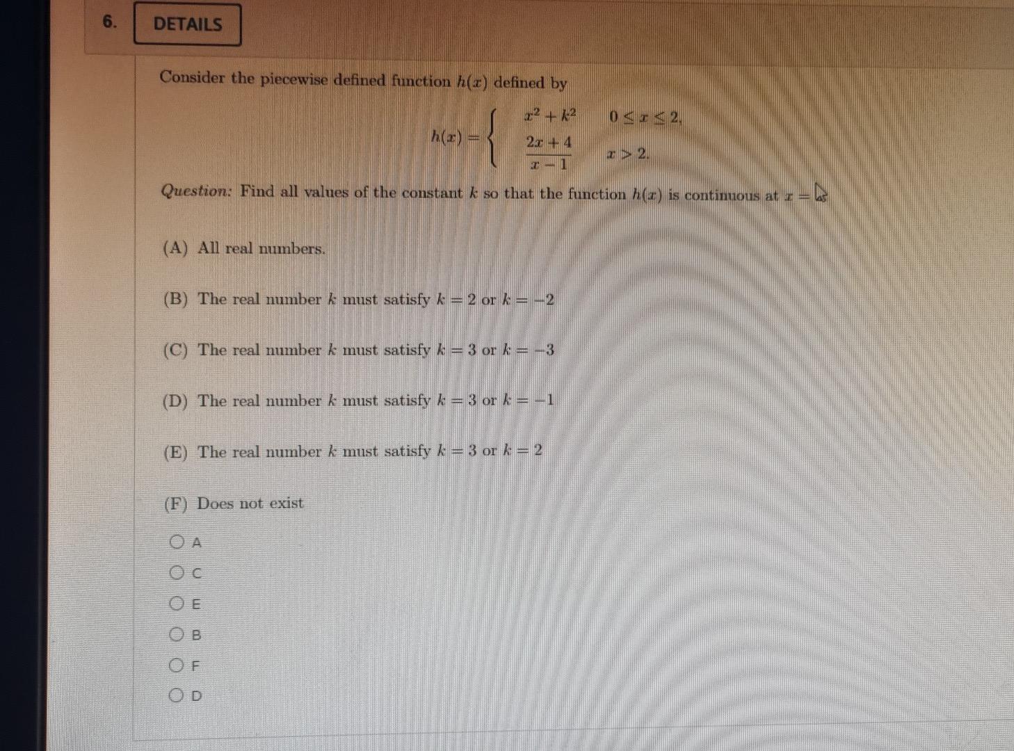 Solved 6. DETAILS Consider the piecewise defined function | Chegg.com