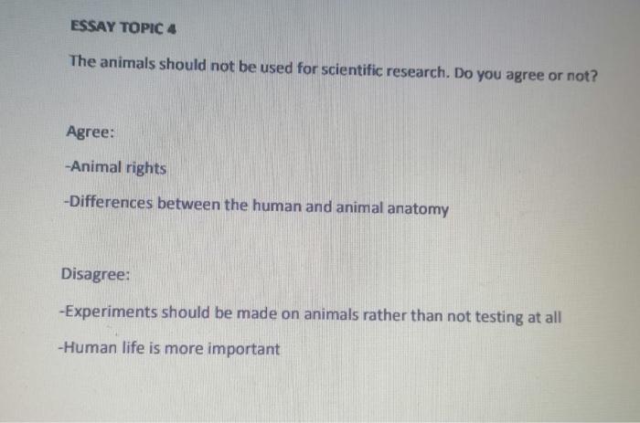 ESSAY TOPIC 4 The animals should not be used for 