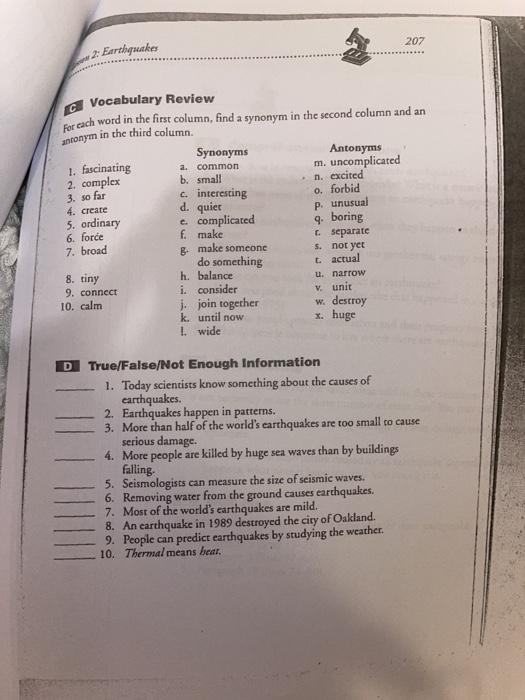 Solved 207 2 Earthquakes antonym o.forbid P. unusual Chegg