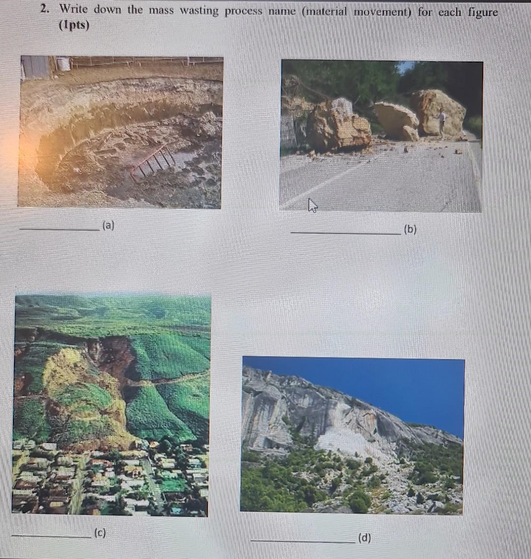 Solved 2. Write Down The Mass Wasting Process Name (material | Chegg.com