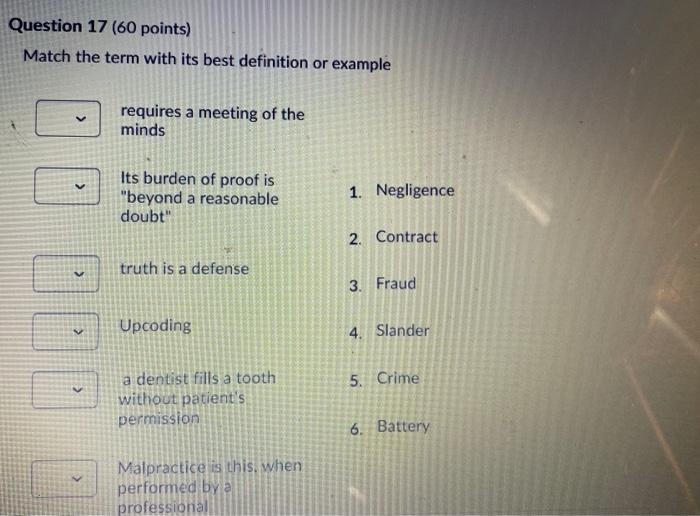 Question 17 (60 points) Match the term with its best definition or example requires a meeting of the minds Its burden of proo