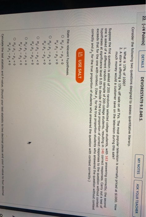 Solved 22. (-74 Points) DETAILS DEVORESTATO 9.E.049.S. MY | Chegg.com