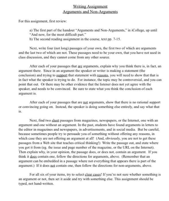 Writing Assignment Arguments and Non-Arguments For | Chegg.com