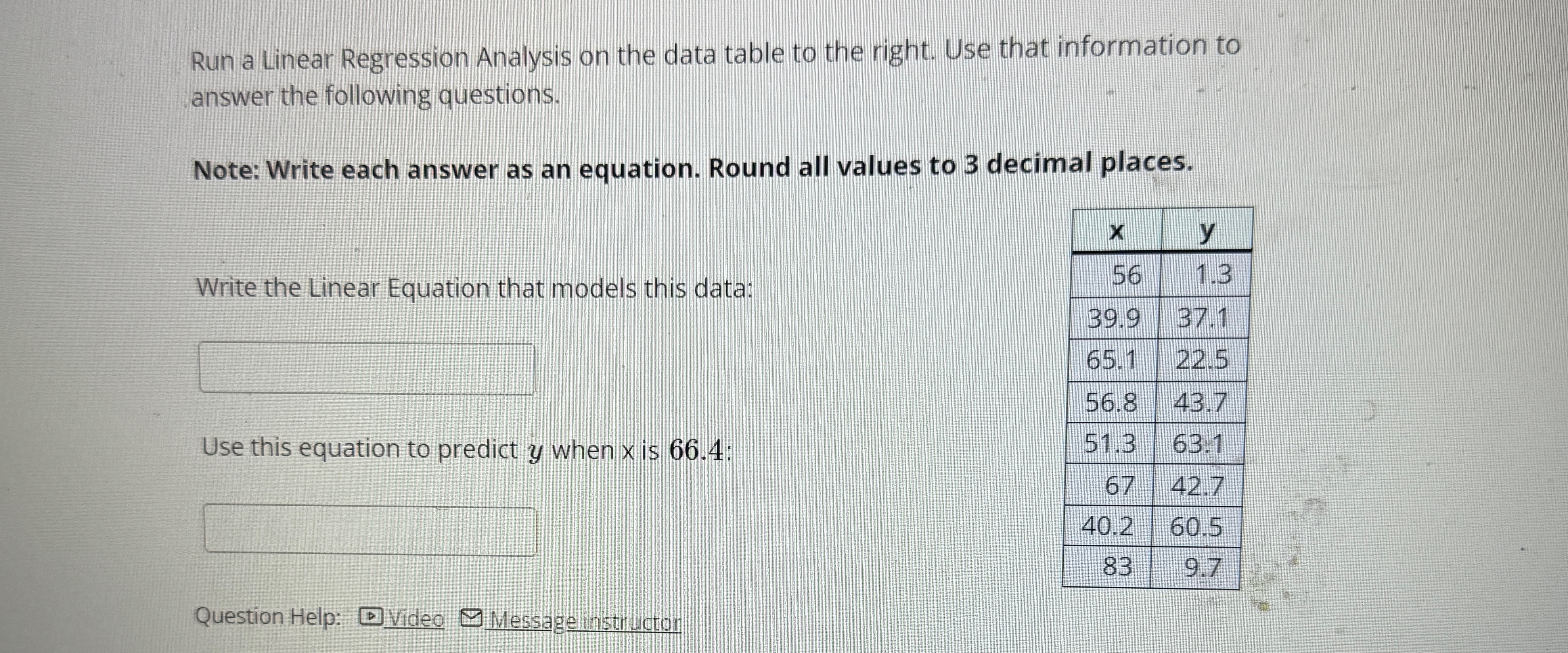 Solved Run a Linear Regression Analysis on the data table to | Chegg.com