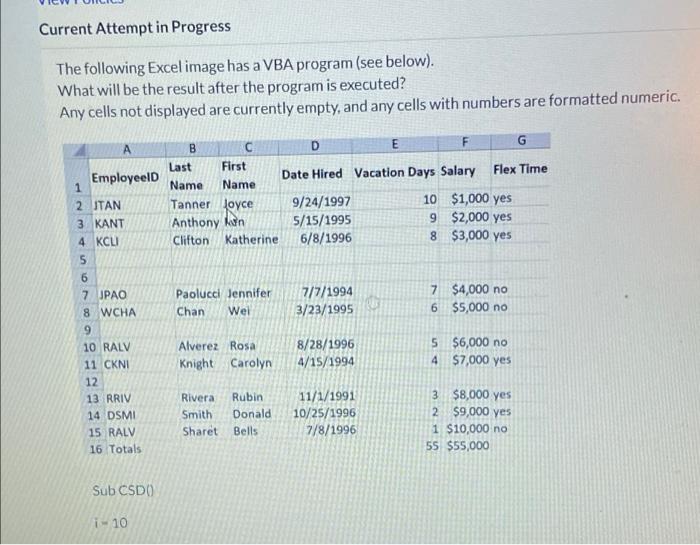 Solved Current Attempt in Progress The following Excel image | Chegg.com