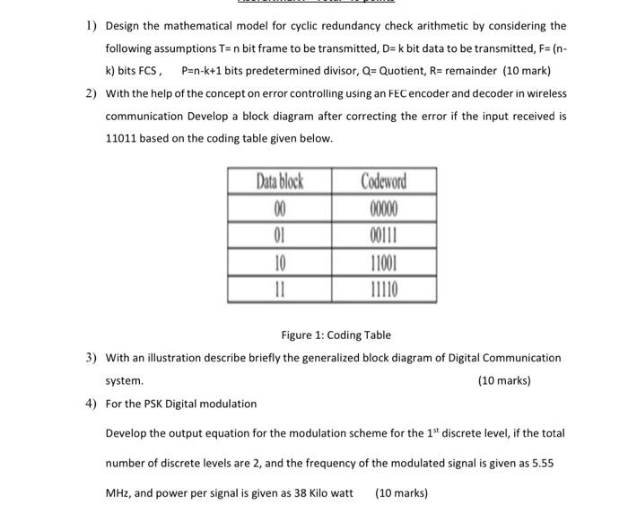 1) Design the mathematical model for cyclic redundancy check arithmetic by considering the following assumptions \( T=n \) bi