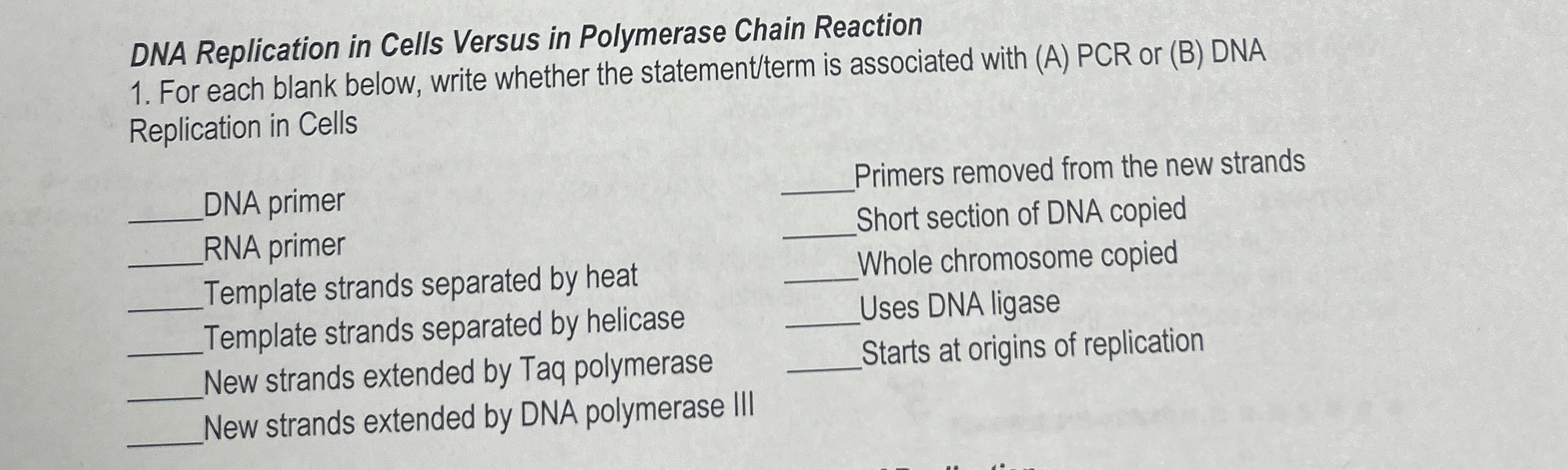 Solved DNA Replication in Cells Versus in Polymerase Chain | Chegg.com