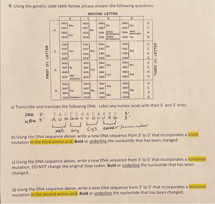 Solved II. Using the genetic code table below, please answer | Chegg.com