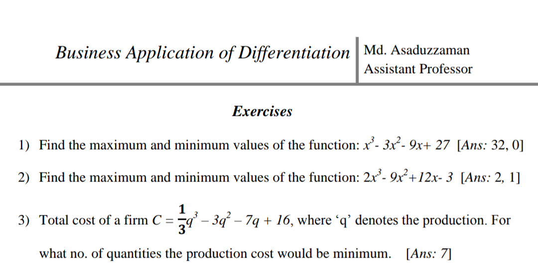 Solved Business Application Of Differentiation Md. | Chegg.com