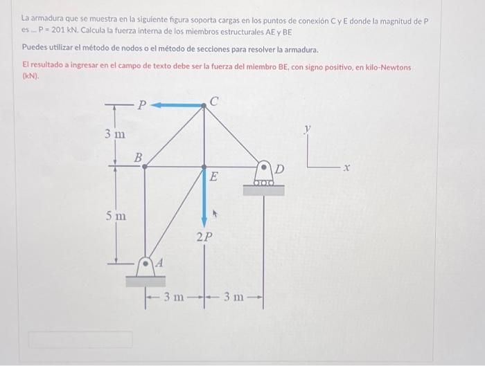 La armadura que se muestra en la siguiente figura soporta cargas en los puntos de conexión Cy E donde la magnitud de P es ..