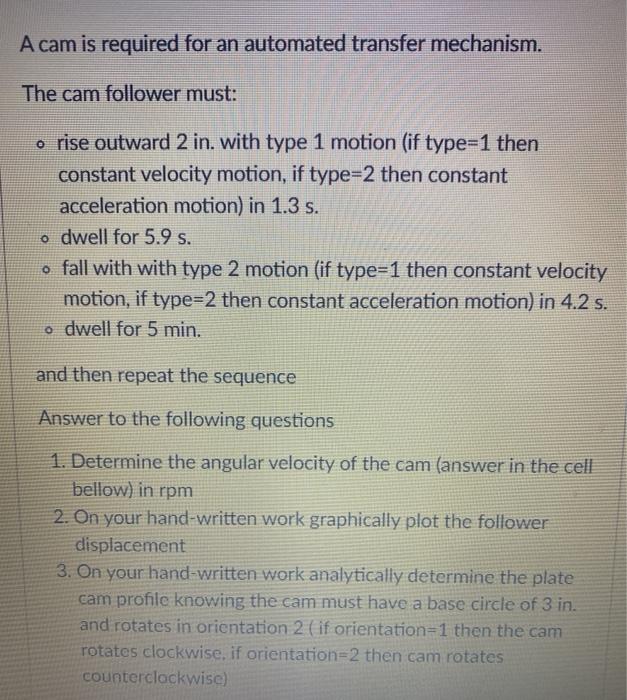 Solved A cam is required for an automated transfer | Chegg.com